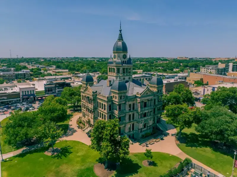 Denton County Courthouse and the surrounding downtown square.
