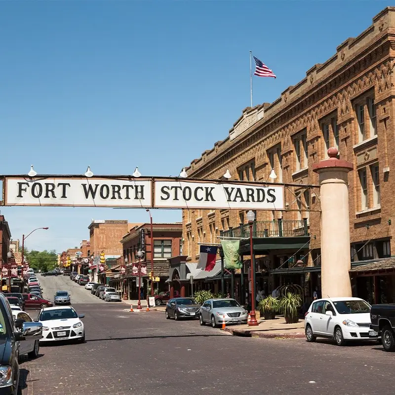 Fort Worth Stockyards entrance sign spanning the street.