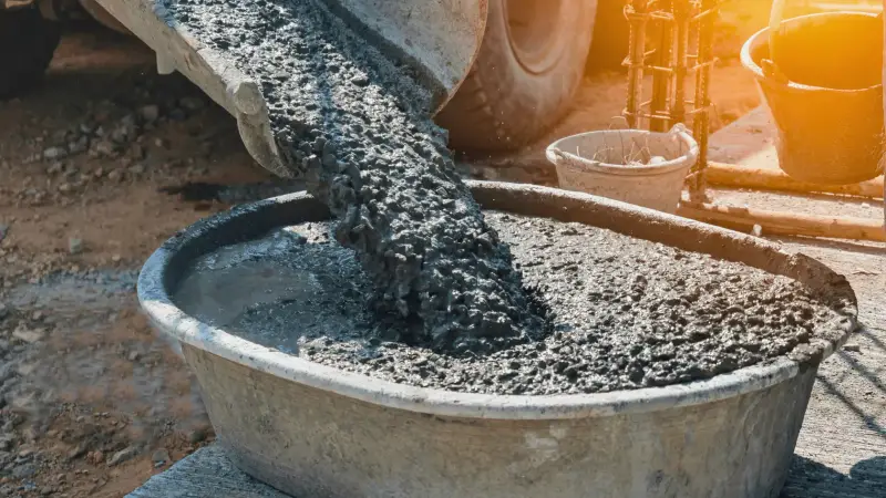 Fresh concrete being poured from a mixer chute into an oval mixing tub.