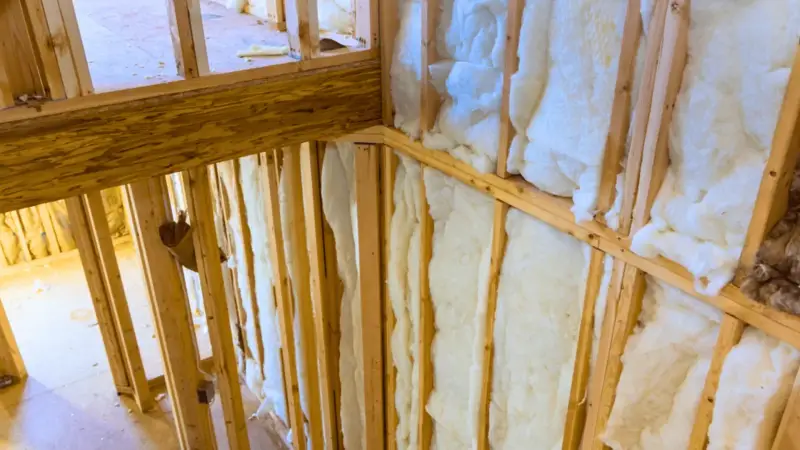 White insulation between exposed wood studs in an unfinished home interior.
